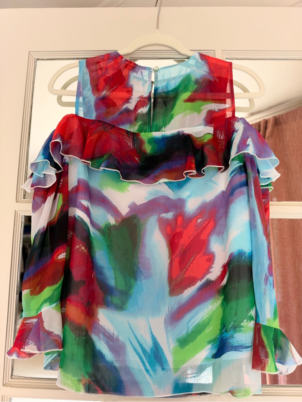 NWT Sioni Multicolor Ruffle Cold-Shoulder Top - Picture 2 of 5